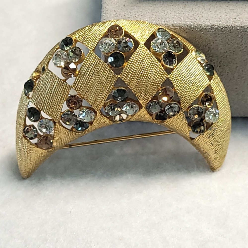 Vintage Gold Tone Crescent Moon Brooch Smoky Clear Rhinestones Pin AS IS